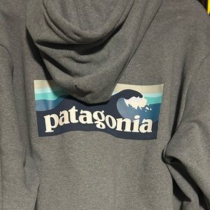 Patagonia Gray Hoodie with Blue Wave Logo